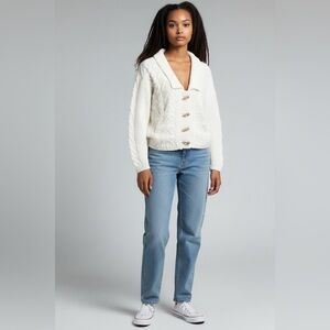 Vintage Hand Knitted Cozy White Cable Knit Sweater With Collar Size Small